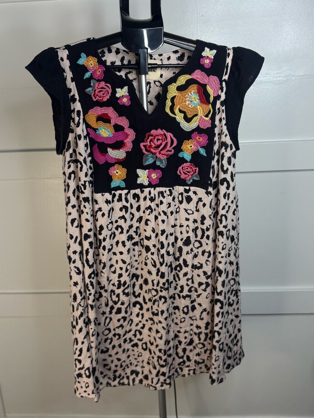 Savanna Jane Black & Pink Leopard-Print Dress with Colorful Floral Embroidery